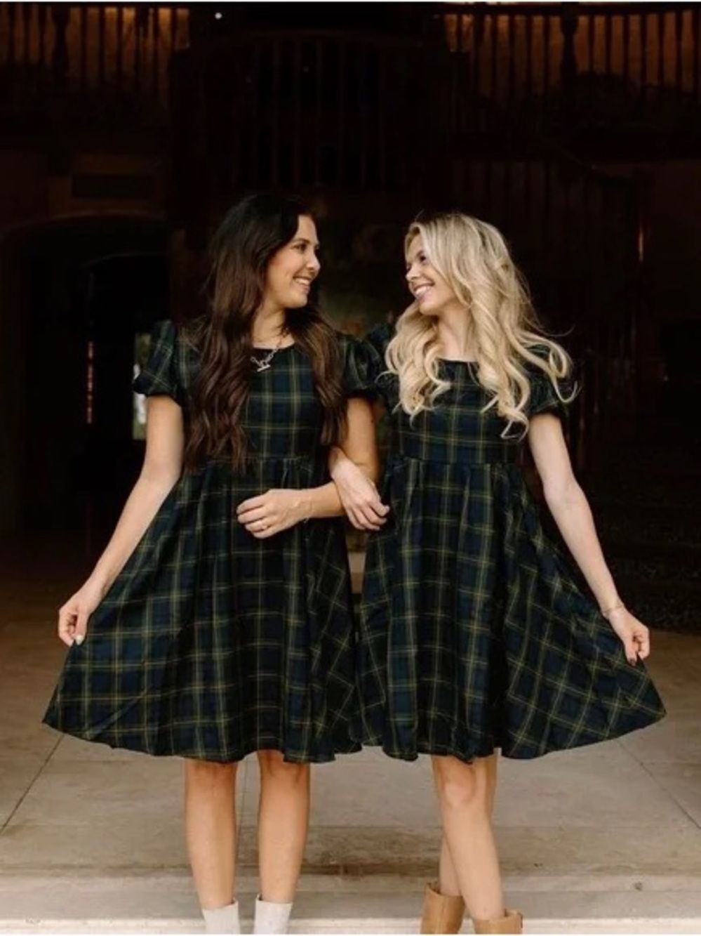 Adobe Lane Plaid Short Puff Sleeve Dress in Dark Green and Navy XL